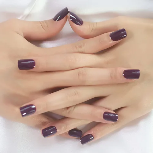 Vista 5 de Uñas postizas cuadradas medianas, uñas postizas moradas, puntas de uñas artificiales, uñas de gel brillantes, uñas de gel de cobertura completa