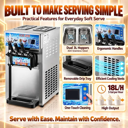 Vista 6 de Máquina de helado de servicio suave, máquina de servir suave de 18L/H, máquina de helado suave de encimera de 1200 W con panel LCD de 3 sabores
