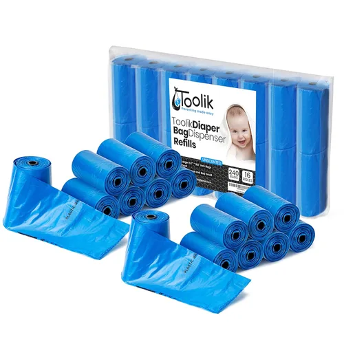 Toolik - Dispensador de bolsas de pañales desechables sin perfume (16 rollos - 240 bolsas)