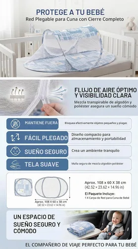 Vista 6 de Tienda de campaña para cuna de bebé, cierre de cremallera, plegable, portátil, transpirable, cubierta de red para cama de bebé (azul)
