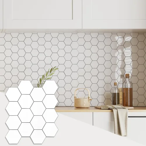 Vista 9 de Yipscazo 1 hoja de azulejos hexagonales para despegar y pegar, azulejos de mármol sintético de lujo autoadhesivos, azulejos de pared blanco puro