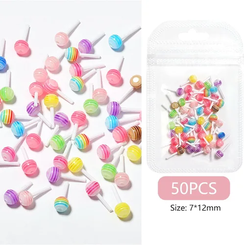 Vista 3 de 50 dijes de uñas de piruleta 3D de arcoíris, accesorios de uñas de caramelo de macarrón de resina para arte de uñas, bricolaje y decoración