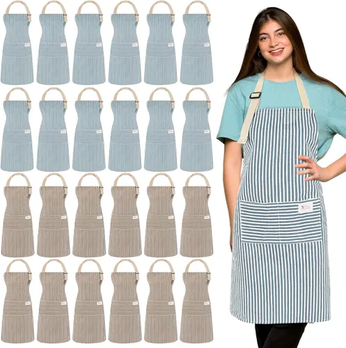 Vista 14 de Janmercy 24 delantales para mujeres y hombres con 2 bolsillos, delantal de cocina de lino, delantal ajustable para chef, delantales a granel unisex
