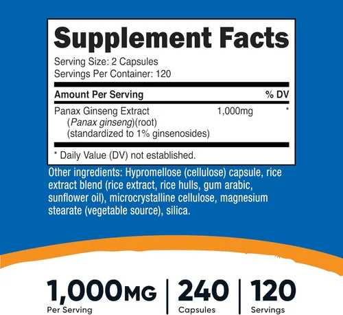 Vista 2 de Nutricost Panax Ginseng 1000 mg, 240 cápsulas - Sin OMG, sin gluten, 120 porciones