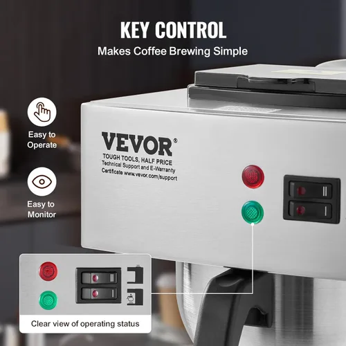 Vista 4 de VEVOR Cafetera de goteo comercial de 12 tazas, cafetera con 2 jarras de vidrio y 2 platos calentadores, cafetera de acero inoxidable