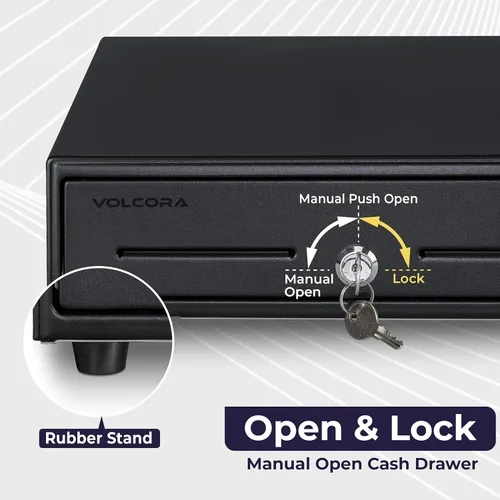 Vista 4 de Volcora Cajón de caja registradora manual de 13 pulgadas para sistema de punto de venta (POS), hasta servicio pesado negro con 4 billetes y 5