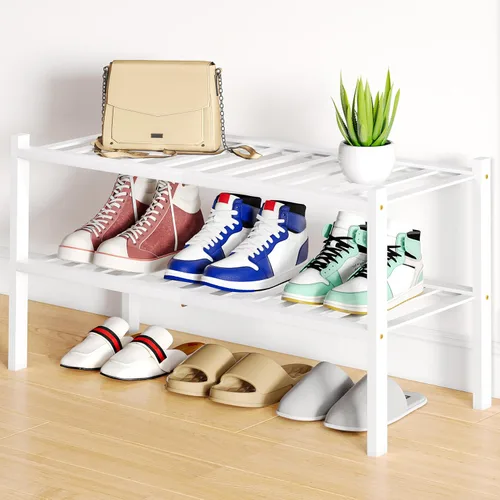 Vista 86 de Smiry Zapatero pequeño de bambú de 2 niveles, apilable, estante de almacenamiento de zapatos de madera para armario, entrada, entrada de puerta Negro