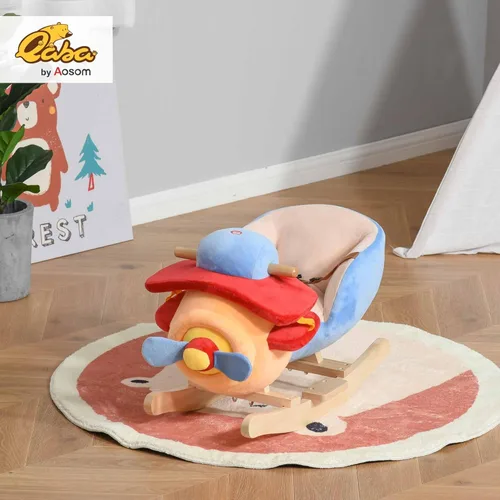 Vista 2 de Qaba Caballo mecedor para niños, silla de avión de felpa de madera con canción de cuna y cinturón de seguridad durante 18 meses +