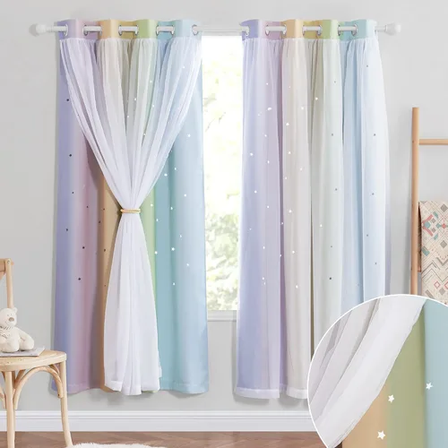 Vista 29 de NICETOWN Cortinas opacas con recortes de estrellas para dormitorio, 2 paneles, diseño mixto de 2 capas de tela y tul, cortina de ventana para niños