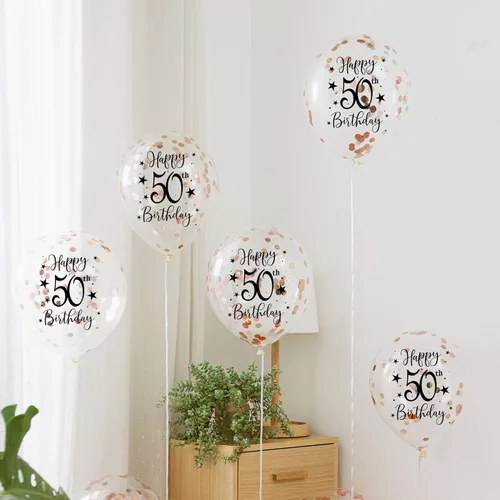 Vista 2 de Globos de látex con confeti número 50 de oro rosa, decoración de globos de fiesta de cumpleaños de 50 años con confeti, 12 pulgadas, paquete de 16