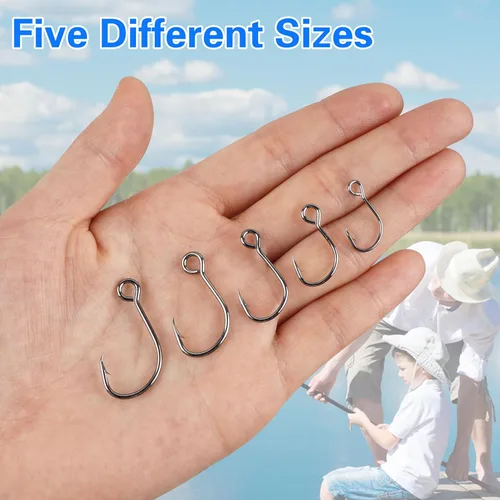 Vista 6 de Inline Single Hooks, Inline Fishing Hooks for Treble Hook Replacement Lures Plugs Baits Large Eye with Barbed Saltwater Freshwater Fishing, #4#2#1