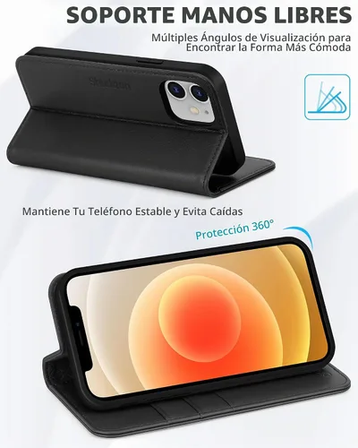 Vista 5 de SHIELDON Funda para iPhone 12/12 Pro 5G, Funda Tipo Billetera de Piel Auténtica con Bloqueo RFID Magnético, Soporte para Tarjetas de Crédito Negro