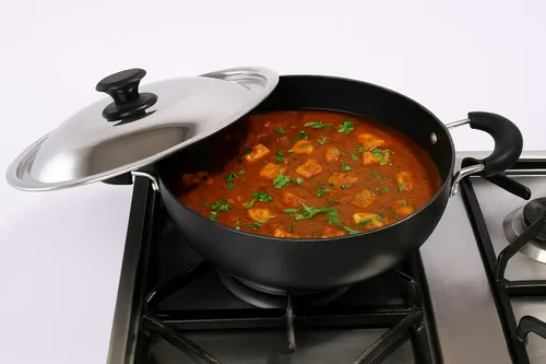 Vista 7 de G & D Kadai - Sartén profunda Kadhai anodizada dura con tapa de acero inoxidable, sartén multiusos de aluminio con fondo redondo de aluminio, sartén
