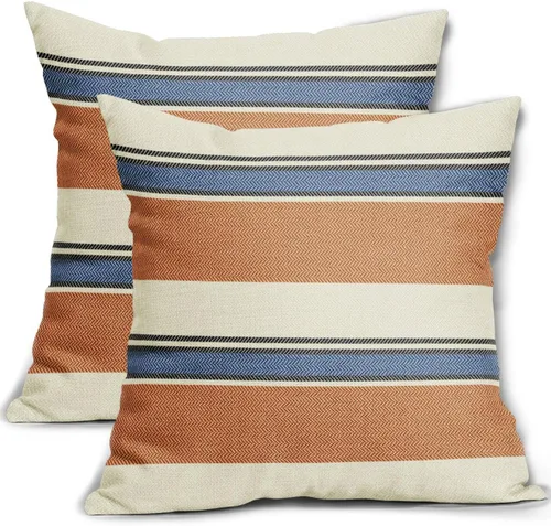 Vista 11 de Juego de 2 fundas de almohada a rayas negras y marrones de 16 x 16 pulgadas, diseño de rayas bohemias con estampado de rayas color crema, fundas