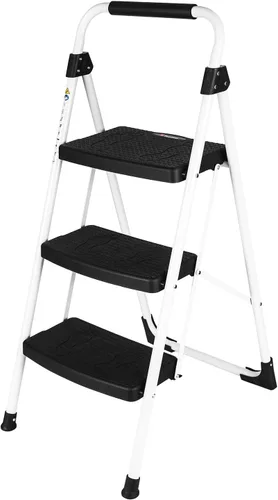 Vista 10 de Escalera de 2 escalones, taburete plegable portátil con pedal antideslizante ancho, escalera de acero resistente de 500 libras, mango práctico