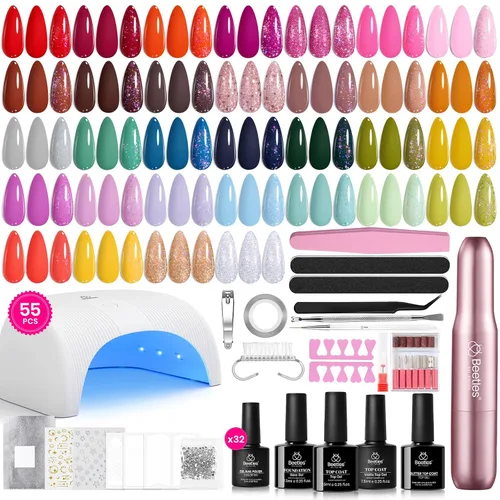 Vista 14 de Beetles - Kit de esmalte de uñas de gel con luz UV, 80 unidades, 55 colores Color Enchantment with Everything Base Top Coat Beginner Starter at