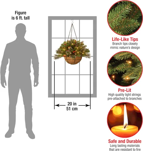 Vista 2 de National Tree Company Cesta colgante de Navidad artificial de abeto de crestwood preiluminada de 20 pulgadas, decoración de Navidad con purpurina