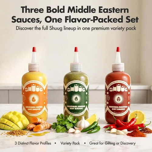 Vista 2 de Shuug Hot Sauce Variety Pack (3 Pack) Harissa, Zhoug, Amba Gourmet Hot Sauce Pack Middle Eastern Mediterranean Food Style Vegan, Non-GMO
