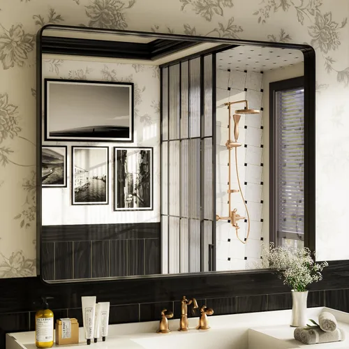 Vista 46 de ISKM Espejo de baño con marco de metal negro para pared de 40 x 32 pulgadas, espejo rectangular redondeado, antioxidante (horizontal/vertical)