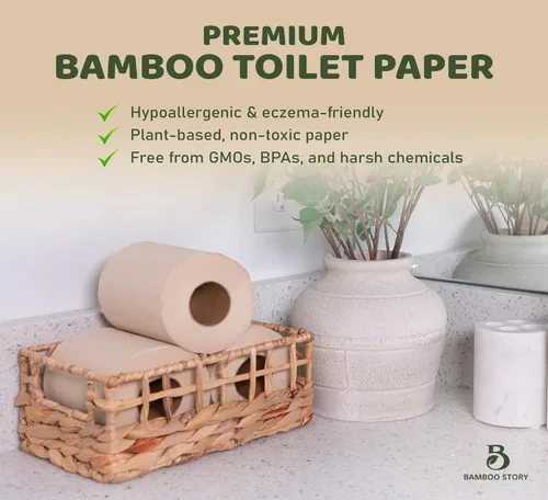 Vista 7 de Bamboo Story, Papel higiénico de bambú sin blanquear, 12 rollos, 3 capas y 300 hojas de papel higiénico de bambú, certificado FSC, biodegradable