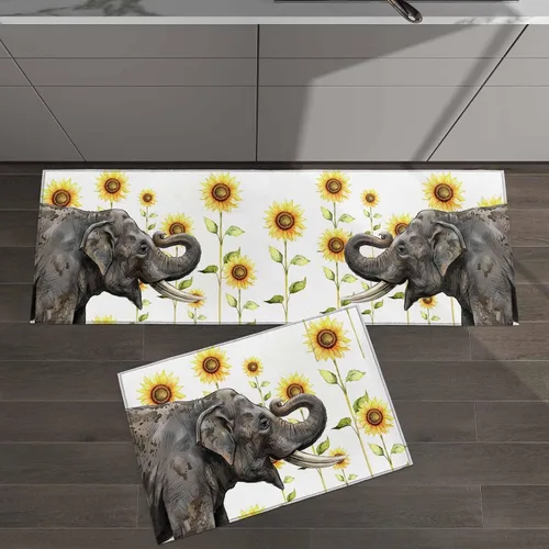Vista 8 de SEVENBABU Kitchen Mat and Rug Set of 2 Non Slip Floor Mats Happy Elephant Sunflower Watercolor Background Absorbent Rug Set Sink Kitchen Mats