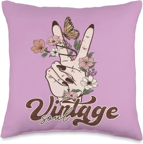 Floral Peace Sign Vintage Soul Girl & Women Colorful Roses Throw Pillow