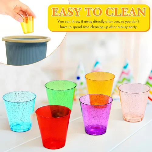 Vista 6 de Tioncy 500 Pack Gold Glitter Plastic Cups 2 oz Plastic Shot Glasses Mini Tasting Cups Neon Plastic Disposable Shot Glasses Party Cups for Wedding