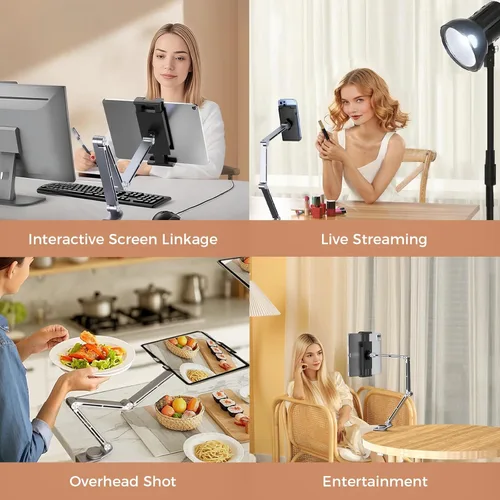 Vista 5 de Soporte para tablet para escritorio, monitor de escritorio de aleación de aluminio para iPad con base giratoria de 360°, brazo ajustable y plegable