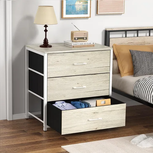 Vista 12 de Memobarco - Mesita de noche, mesa auxiliar, mesa de cabecera, cómoda pequeña y alta para dormitorio con 3 cajones de almacenamiento, cómoda de tela