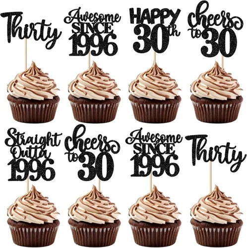 Vista 12 de Paquete de 30 adornos para cupcakes de 10º cumpleaños con purpurina recta hacia fuera de 2016, Happy 10th Ten Awesome Since 2016, 10 fabulosas Negro