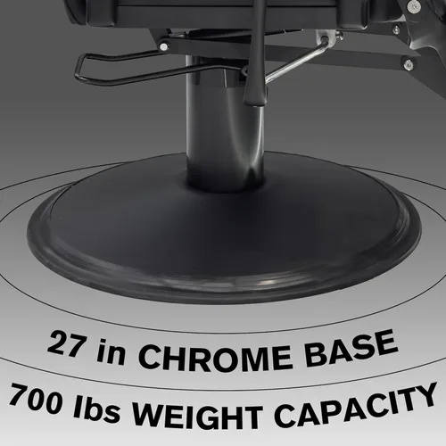 Vista 5 de Silla de barbero moderna MYS The Founder, silla de peluquero resistente modelo 8817, reclinable a 135°, cuero inoxidable, marco de aluminio