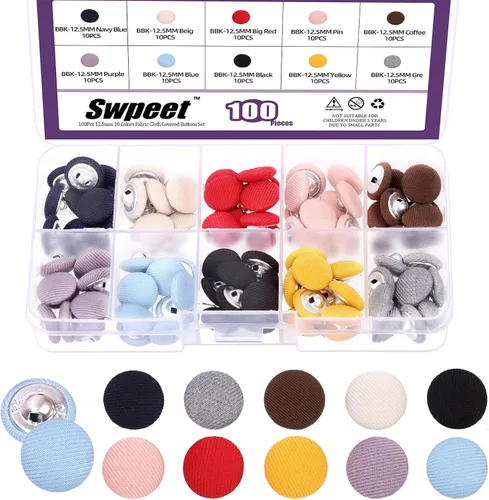 Swpeet Kit surtido de 100 botones redondos de 10 colores, 0.492 in de tela cubierta de tela de tela de 0.492 in, perfecto para bodas nupciales,