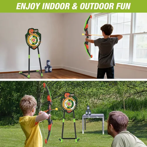 Vista 7 de HYES Arco y flecha para niños, juego de tiro con arco con luz LED con 12 flechas de ventosa, 1 objetivo de pie, 3 objetivos de puntuación y 1