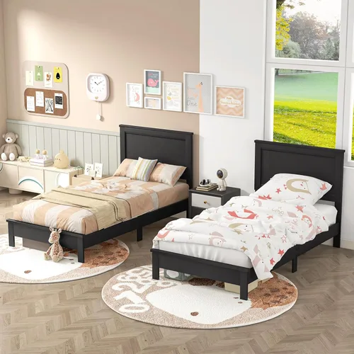 Vista 7 de Giantex Marco de cama individual de madera con cabecero, marco de cama de plataforma de mediados de siglo con patas de madera maciza y soporte