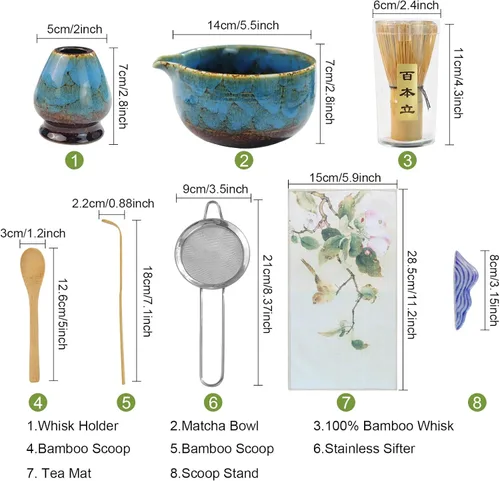Vista 8 de HEYMKGO Juego de 8 batidores de matcha, cuenco de matcha azul zafiro con boquilla, batidor y soporte de bambú, cuchara, reposapunta, tamiz, cuchara