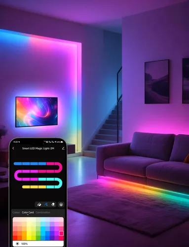Vista 5 de Tira de luz LED RGB+IC, luz LED inteligente de 16.4 pies para dormitorio, control de aplicación Bluetooth, tira de iluminación LED que cambia