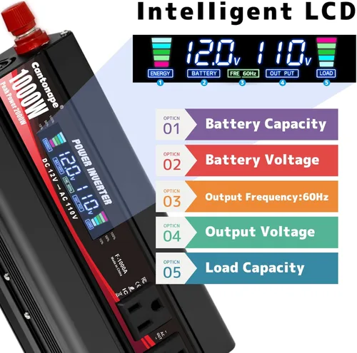 Vista 3 de Inversor de corriente para automóvil de 1000 W, CC 12 V a 110 V/120 V, convertidor de CA con pantalla LCD, 4 salidas de CA y cargador de coche USB