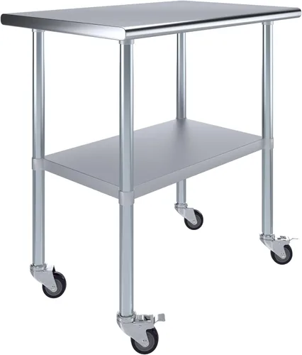 Vista 34 de AmGood Mesa de trabajo de acero inoxidable de 30 x 12 pulgadas con ruedas, mesa de metal resistente sobre ruedas, carrito de isla de cocina