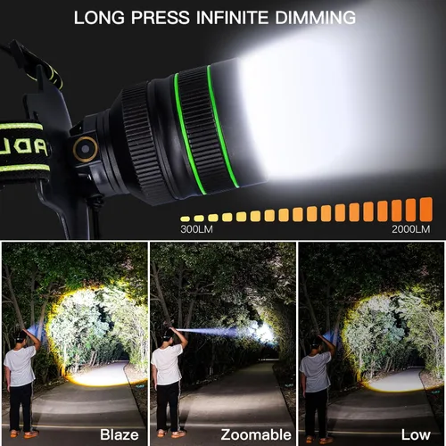 Vista 3 de Linterna frontal recargable LED súper brillante de 2000 lúmenes, lámpara de cabeza con zoom con 5 modos de iluminación, ajustable a 90° e
