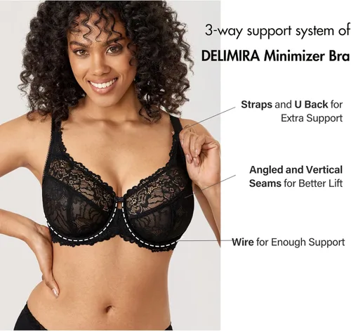 Vista 3 de DELIMIRA Brasier de encaje con aros sin forro para mujer, talla grande, con cobertura completa