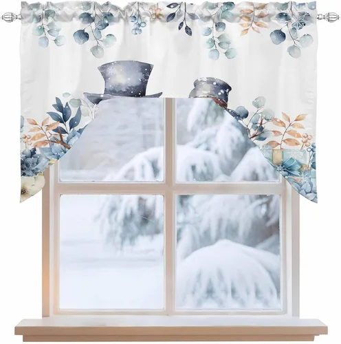 Vista 2 de Cortinas de cocina con cenefa de eucalipto y muñeco de nieve, con bolsillo para barra, cortina para dormitorio, sala de estar, baño, cafetería