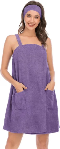 Vista 17 de Rubehoow - Bata de baño para mujer, envoltura de toalla con cierre de velcro ajustable con bolsillos y diadema facial