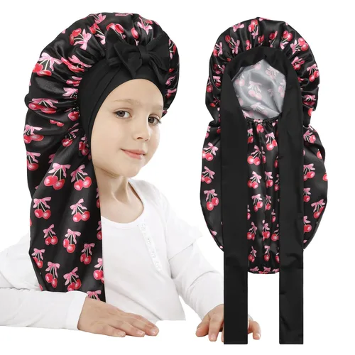 Vista 18 de AWAYTR Gorro largo de seda para dormir, gorro elástico de satén para cabello rizado, gorro de noche para niños de 3 a 12 años (negro)
