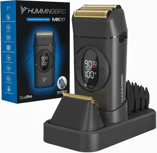 Afeitadora eléctrica HUMMINGBIRD MK17 DualPro con recortador de barba para hombres – Láminas de titanio dorado, afeitado turbo y control de torque,