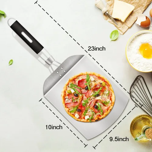Vista 3 de Pizza Peel BIG HORN - Espátula de pizza de metal con mango de goma, espátula de pizza de acero inoxidable perforada