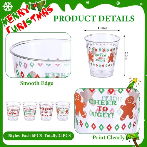 Vista 2 de Funtery 24 Piezas Vasos de Chupito de Plástico con Diseño de Suéter Feo de Navidad 1.7 oz Vasos de Chupito Navideños Mini Desechables a Granel Árbol