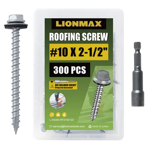 Vista 21 de Tornillos para techo de metal LIONMAX #10 x 1 pulgada, 300 unidades, con cabeza hexagonal pintada en negro, arandela de goma, punta afilada