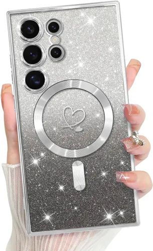 Vista 23 de Bonoma - Funda compatible con Samsung Galaxy S21 Plus, diseño de corazón con purpurina, color rosa Support for MagSafe, Plating Magnetic Case TPU