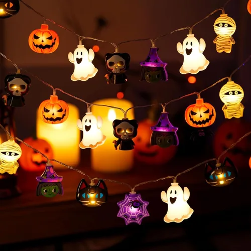 Vista 11 de Guirnalda de luces de Halloween, cadena de luces de calavera para otoño, guirnalda de luces con pilas, alimentación por USB, opcional, 2 modos