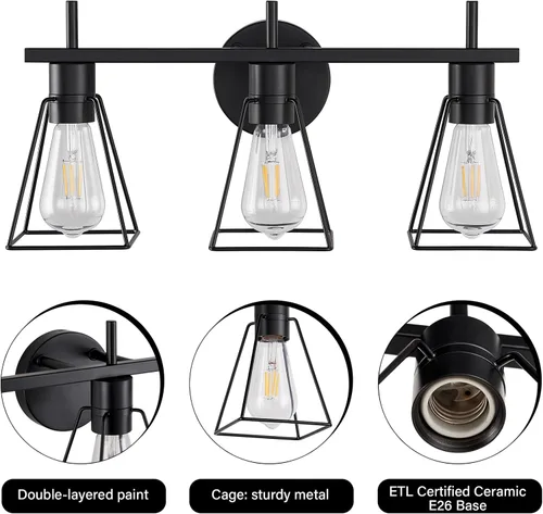Vista 5 de FonmYim Accesorios de iluminación de baño de granja sobre espejo, aplique de pared de 3 luces negro mate con jaula de metal, zócalo E26